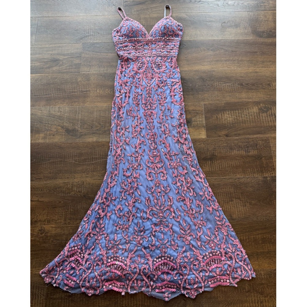 Sherri Hill 54376 Beaded & Fitted sequin gown with V neckline and lace up back